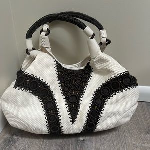 Cole Haan Alyssa Ivory Straw Handbag with Brown Beading